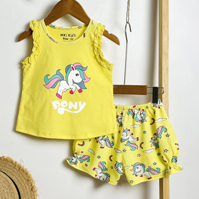 Bộ thun cotton sát nách bé gái in ngựa pony mát mẻ mùa hè. size 3-10, bé 13-30kg, thun cotton co dãn mềm mát, áo sát nách viền bèo dễ thương, quần bèo in ngựa form quần rộng thoải mái, hình in ngựa pony 1 sừng unicorn mà các bé yêu thích,  sản xuất Việt Nam