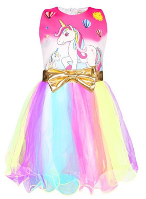 Đầm thun chân voan 7 sắc cầu vồng in ngựa kỳ lân Unicorn. size 110,120,130,140 bé 15-30kg, thân trên vải thun mỹ co dãn nhẹ., lót kate thoáng mát, in 3d sắc nét, tùng xòe lưới 7 màu mềm mại, nơ vàng duyên dáng cho bé gái dự tiệc, lệ hội, hàng nhập Quảng Châu loại 1 100% như hình