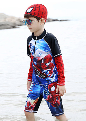 Set áo tay dài, quần bơi, nón bơi người nhện spider man anh hùng. size S, M, L, XL, XXL bé từ 1-7 tuổi, 11-35kg,thun poly không thấm nước, co dãn tốt, hình 3d người nhện, Disney Thái 