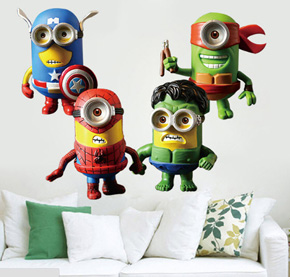 Decal dán tường Minion siêu nhân. Decal dán tường giúp không gian của bạn thêm phần sinh động và ngộ nghĩnh </Br>
* Phù hợp với nhiều không gian như phòng khách, phòng ngủ, phòng trẻ em,...</Br>
* Hình ảnh ngộ nghĩnh, đáng yêu mang đến không gian thật sinh động và tươi tắn cho tổ ấm của bạn.</Br>
Sản phẩm không bị phai màu, dễ dàng lau chùi và thay đổi decal mới, có thể dán trên gạch men hoặc tường.</Br>
Chất liệu keo trong cán lụa bóng, dày, độ bám dính tốt, không gây hại đến sức khoẻ, thân thiện với môi trường.</Br>