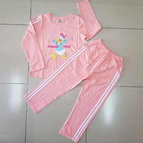 Bộ thun cotton tay dài thêu vịt donal cho bé gái đại. size 8-12t, bé 24-45kg, vải thun cotton 4 chiều co dãn tốt, mềm mại, hình thêu chú vịt dễ thương cho bé gái, Việt Nam
