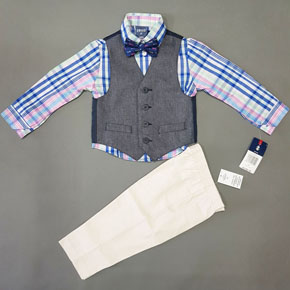 Bộ vest gile 4 món phong cách tây âu hàng xuất xịn. Set bộ Vest bé trai 4 món (áo sơ mi + ghi lê + cava hoac nơ tùy mẫu + quần tây) IZOD  , size 3/6m - 14t. Việt Nam xuất xịn.</Br>
* Hàng date mới 2019 </Br>
* Gía Web: $27.84 = 640.000VND, giá tag 42-65$, Giá shop 320.000 vnd 1 bộ </Br>
* Áo ghi - lê: chất vải mềm mại, mịn tay. Màu sắc rất sang.</Br>
* Áo sơ mi: chất vải kate mềm, mịn, cấu tạo sợi vải thoáng mát, cho bé thoải mái khi mặc.</Br>
       Đường may tinh xảo. Tông màu tươi sáng , phối họa tiết kẻ sọc caro nổi bật, rất Tây.</BR>
* Quần: chất vải sờ vào rất mướt tay. Lưng thun êm mềm, co giãn không gây cấn bụng bé.</Br>
* Bé diện nguyên set cực sang chảnh và manly ạ </BR>  bộ thích hợp cho bé thân hình chuẩn, thon, có chiều cao.
Lưu ý; với size đại dành cho các bé lớn, quần lưng bản dây kéo ( size 8,10,12,14) các size bé quần lưng thun.</Br>
* size 8: ngang lưng 31cm, dài quần 79cm </Br>
* size 10, ngang lưng 33-33,5cm, dài quần 83cm </Br>
* size 12, ngang lưng 35cm, dài quần 95cm </BR>
* size 2,3,4,5,6,7 quần lưng thun ngang eo từ 24-27cm dài quần 46-68cm