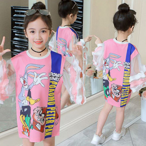 Đầm thun from rộng tay loe hoạt hình thỏ Lonney Tunes. size 120-160 bé 18-45kg, vải thun co dãn 4 chiều, hình in 3d sắc nét,  form đầm suông rộng , tay loe , kiểu dáng thời trang cá tính cho các bé gái, hoạt hình Lonney Tunes Pop Kids bé gái