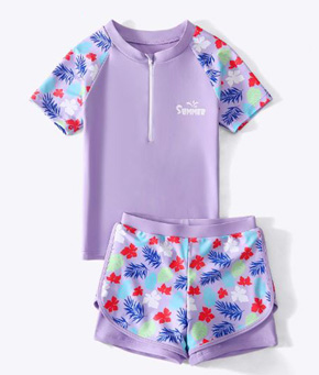 Bộ áo bơi và quần bơi 2 lớp màu tím hoa lá ngọt ngào cho bé gái. size 2 XL3XL, 4XL, 5XL tuong ứng 20-45kg </Br>
vải thun polyester co dãn tốt, mềm mại, chuyên dụng đồ bơi không thấm nước </Br>
* bộ gồm 1 áo bơi, áo có lót đệm ngực có thể tháo rời, 1 đùi 2 lớp kín đáo </Br>
* màu tím  ngọt ngào vàtươi mát, in hoa lá mùa hè thích hợp cho bé gái tuổi teen </Br>
bảng size tham khảo </Br>
2XL: 20-25kg </Br>
3XL: 25-31kg </Br>
4XL: 32-40kg </Br>
5XL: 40-50kg